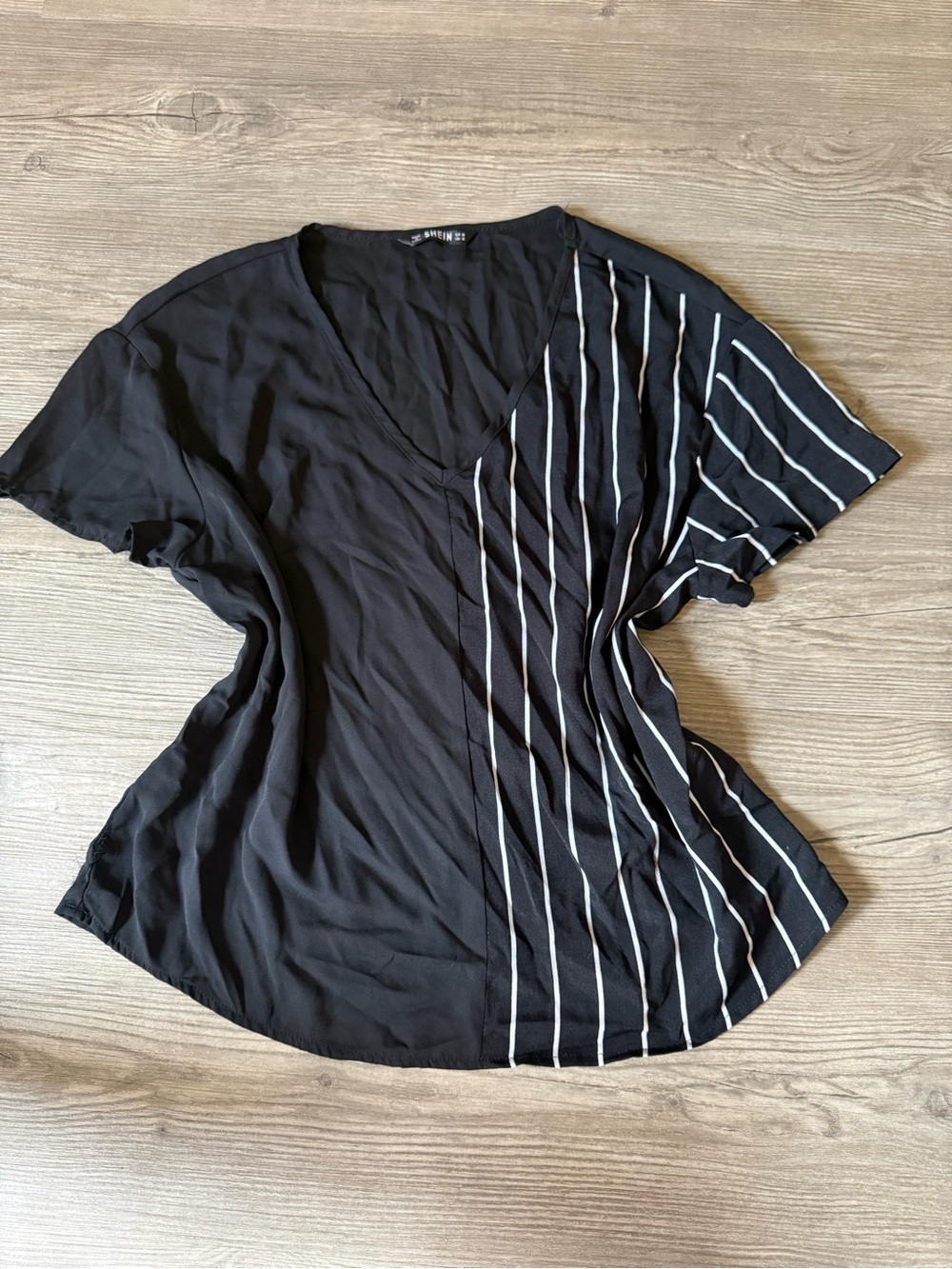 Black V-Neck Women's Top with Contrast Stripes